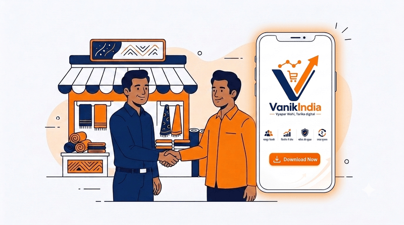 VanikIndia app showing supplier products and a trusted handshake between a supplier and reseller